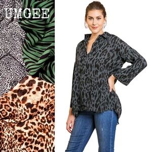 ⭐️HP⭐️ANTHROPOLOGIE Umgee Black/Gray Animal Print Hi-Low Boho Tunic Size S
